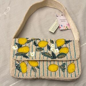 Hand-Beaded Lemon Motif Shoulder Bag - Cream and Yellow NWT Rare Viral